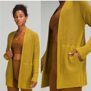 Lululemon Cashlu Sweater M/L Cardigan Auric Gold Green Open Front Knit Pockets